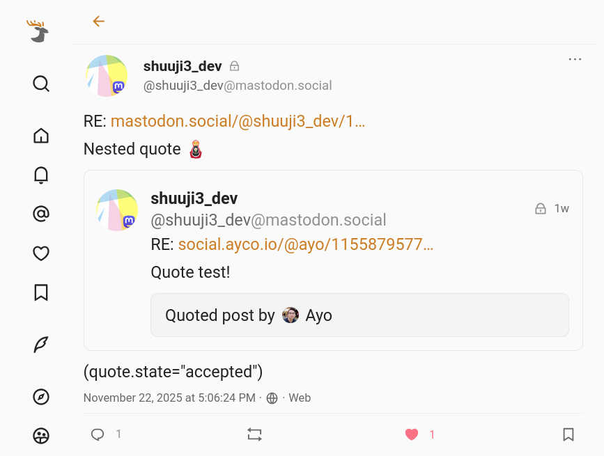 Screenshot of nested post: quoted post is rendered as inline block "Quoted post by Ayo" in the PR preview of Elk